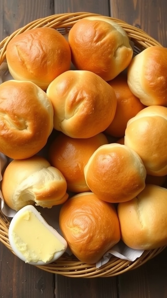 A basket of golden brown homemade yeast rolls with a dish of melted butter on a rustic table.